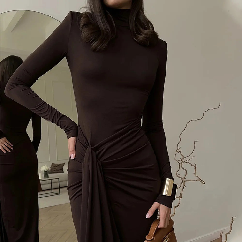 Elegant Turtleneck Draped Maxi Dress