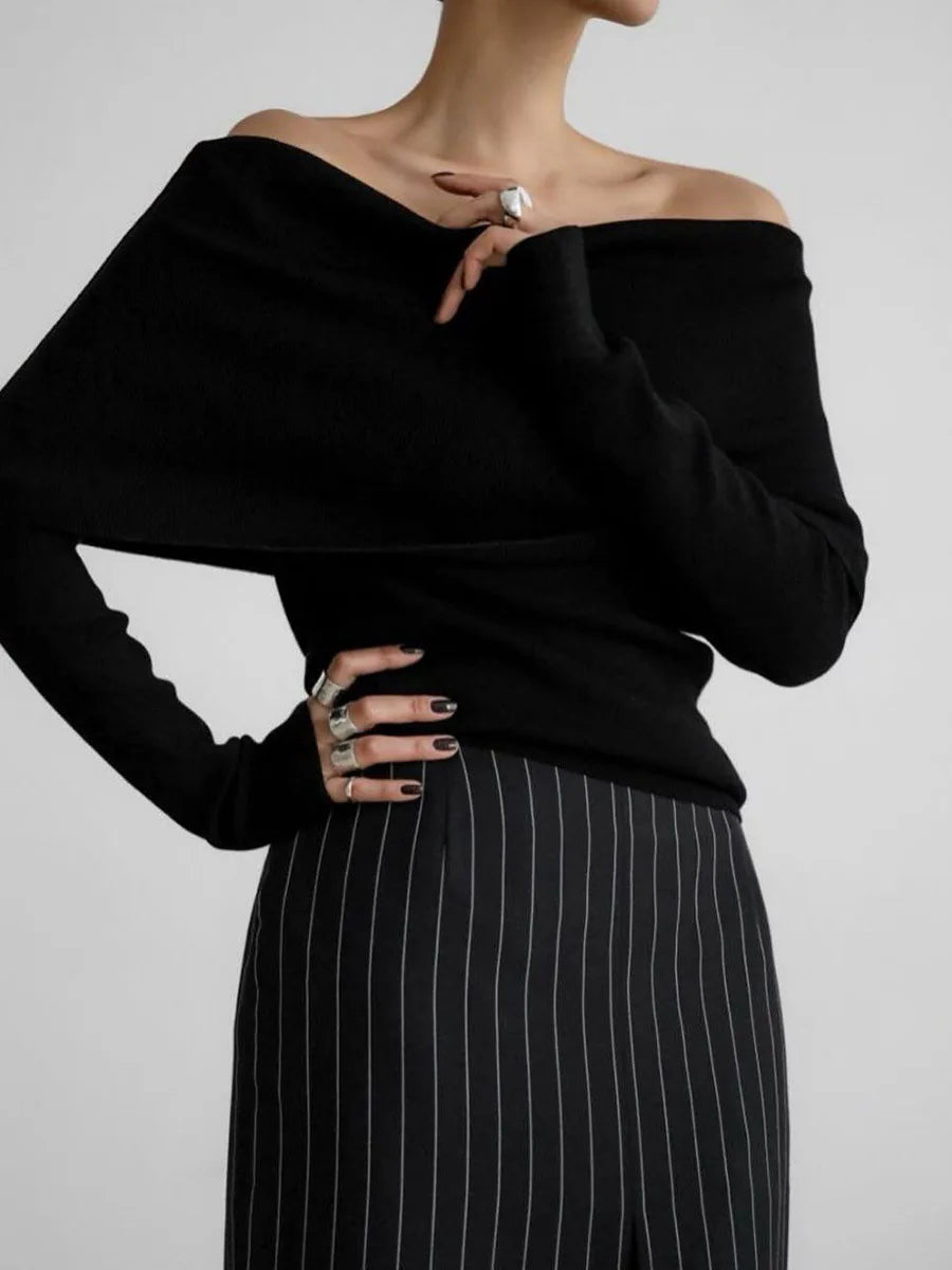 Elegant Off-Shoulder Ribbed Knit Sweater