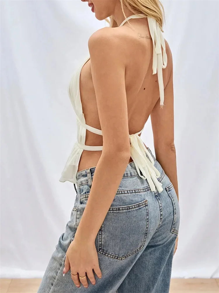 Backless Pleated Halter Top