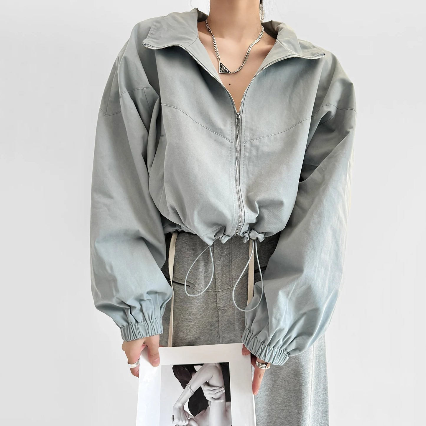 Cropped Drawstring Jacket with Oversized Sleeves