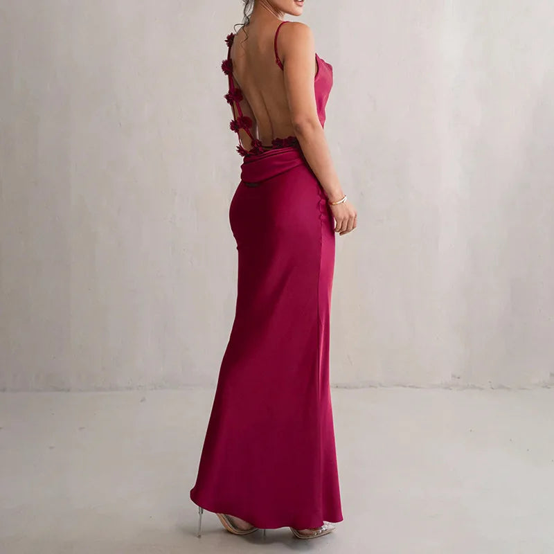 Floral Backless Satin Gown