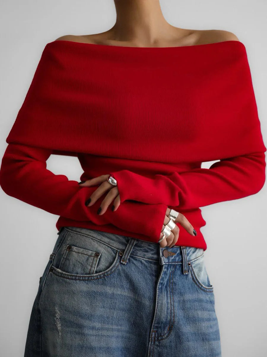 Elegant Off-Shoulder Ribbed Knit Sweater