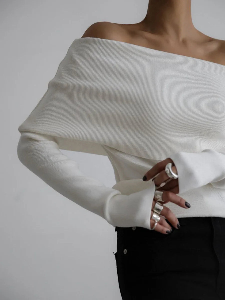 Elegant Off-Shoulder Ribbed Knit Sweater