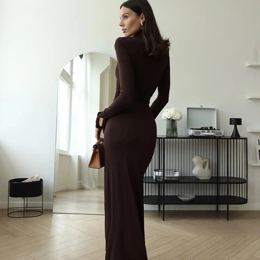Elegant Turtleneck Draped Maxi Dress