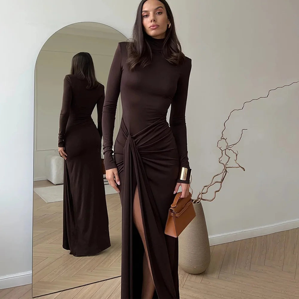 Elegant Turtleneck Draped Maxi Dress