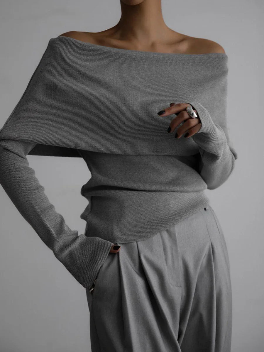 Elegant Off-Shoulder Ribbed Knit Sweater