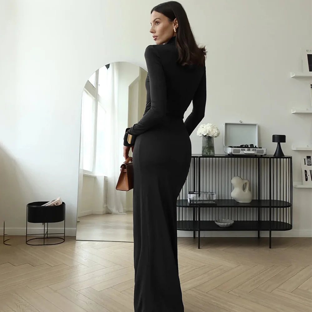 Elegant Turtleneck Draped Maxi Dress