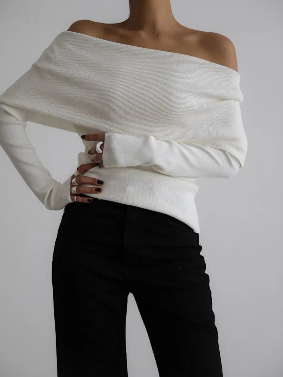 Elegant Off-Shoulder Ribbed Knit Sweater
