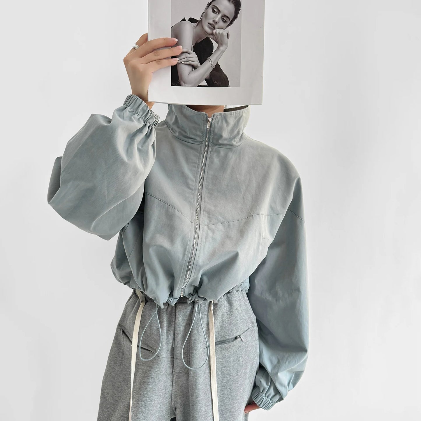 Cropped Drawstring Jacket with Oversized Sleeves