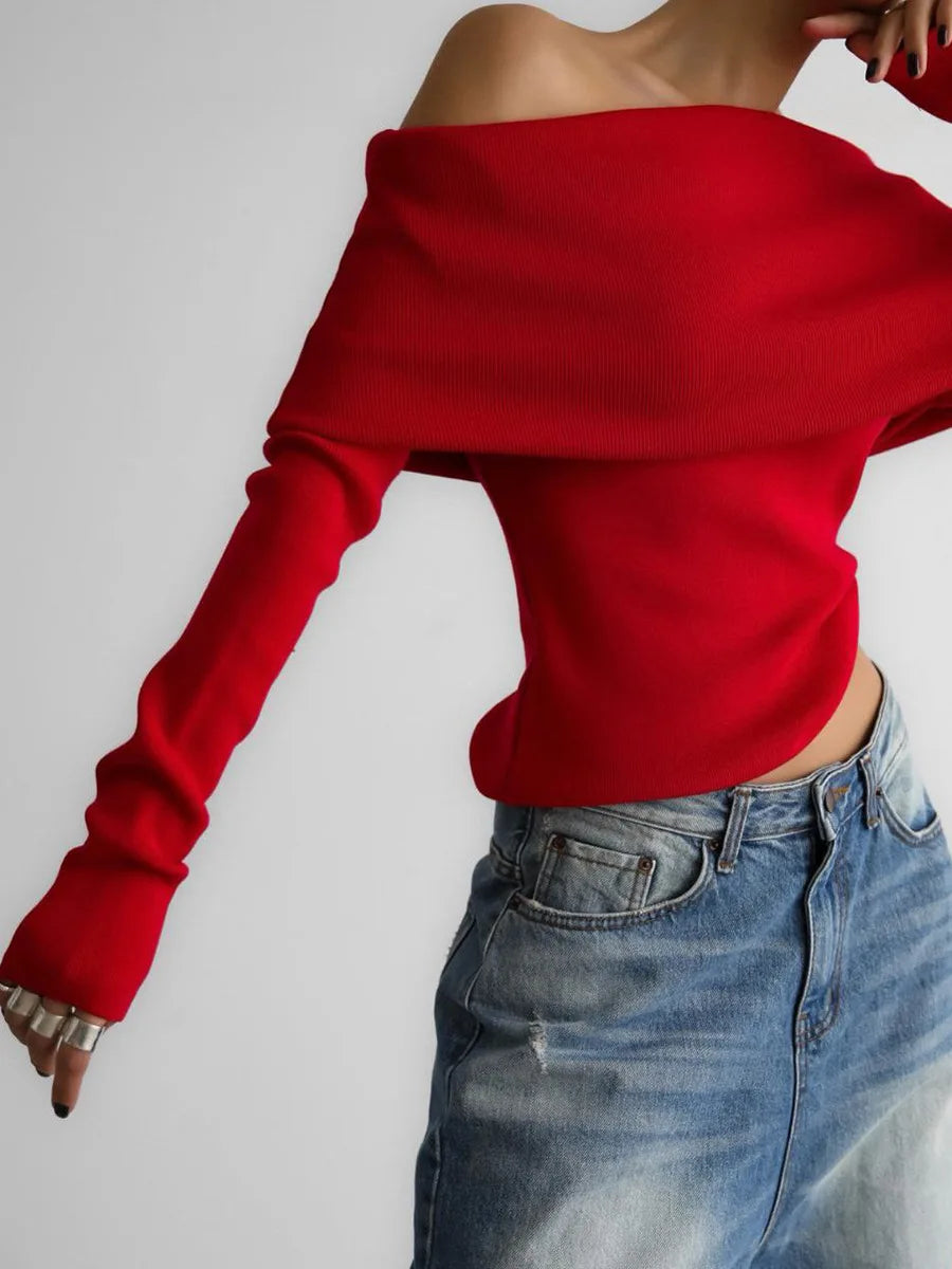 Elegant Off-Shoulder Ribbed Knit Sweater