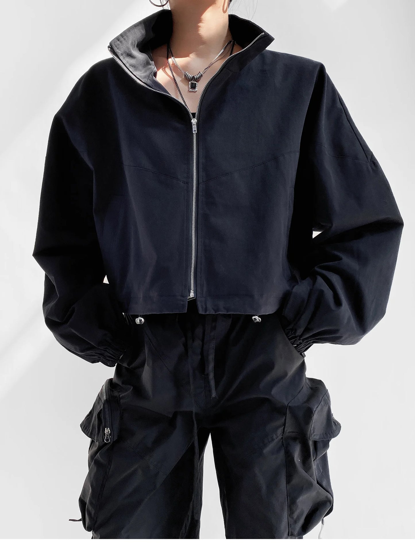 Cropped Drawstring Jacket with Oversized Sleeves