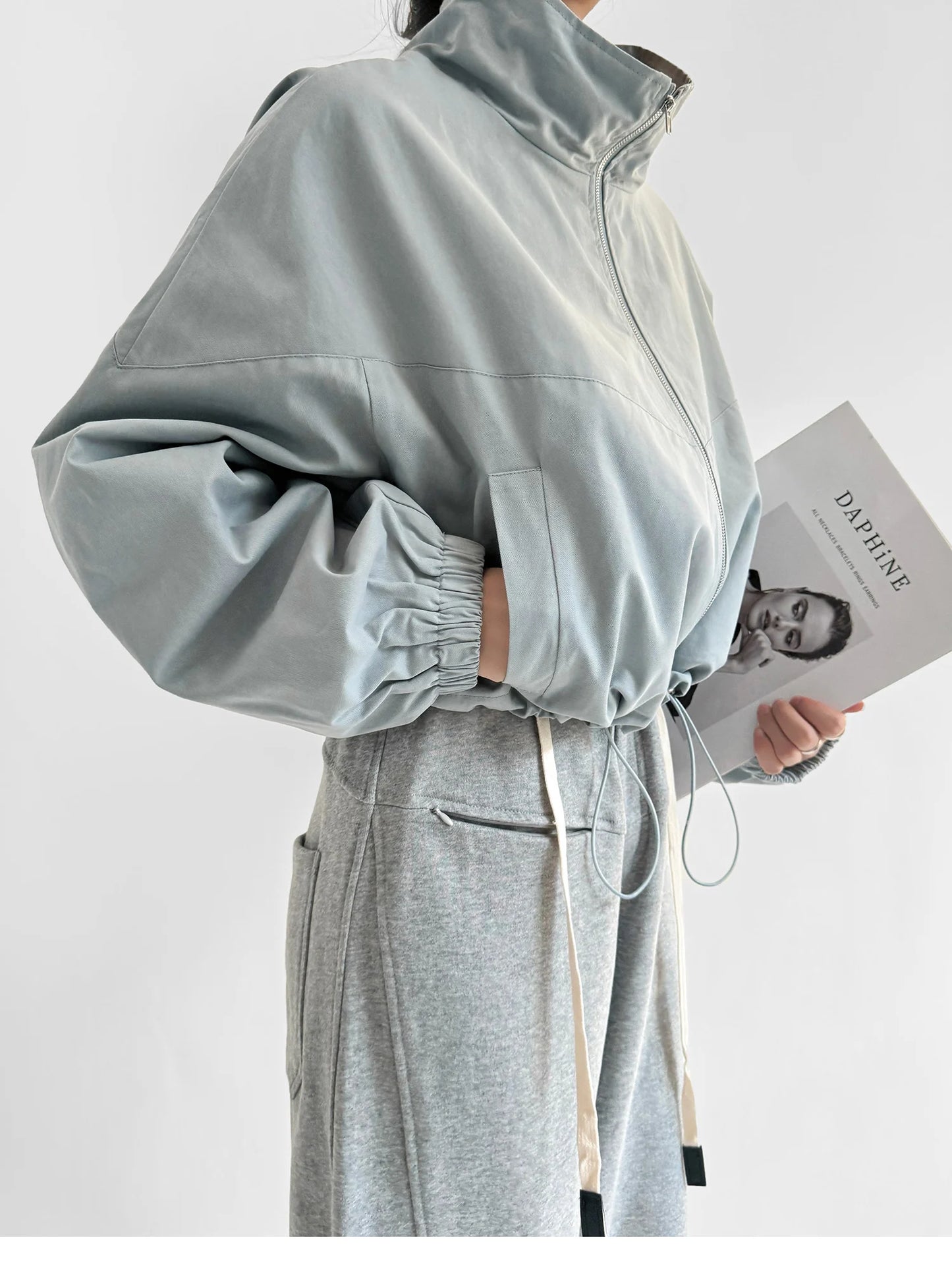 Cropped Drawstring Jacket with Oversized Sleeves