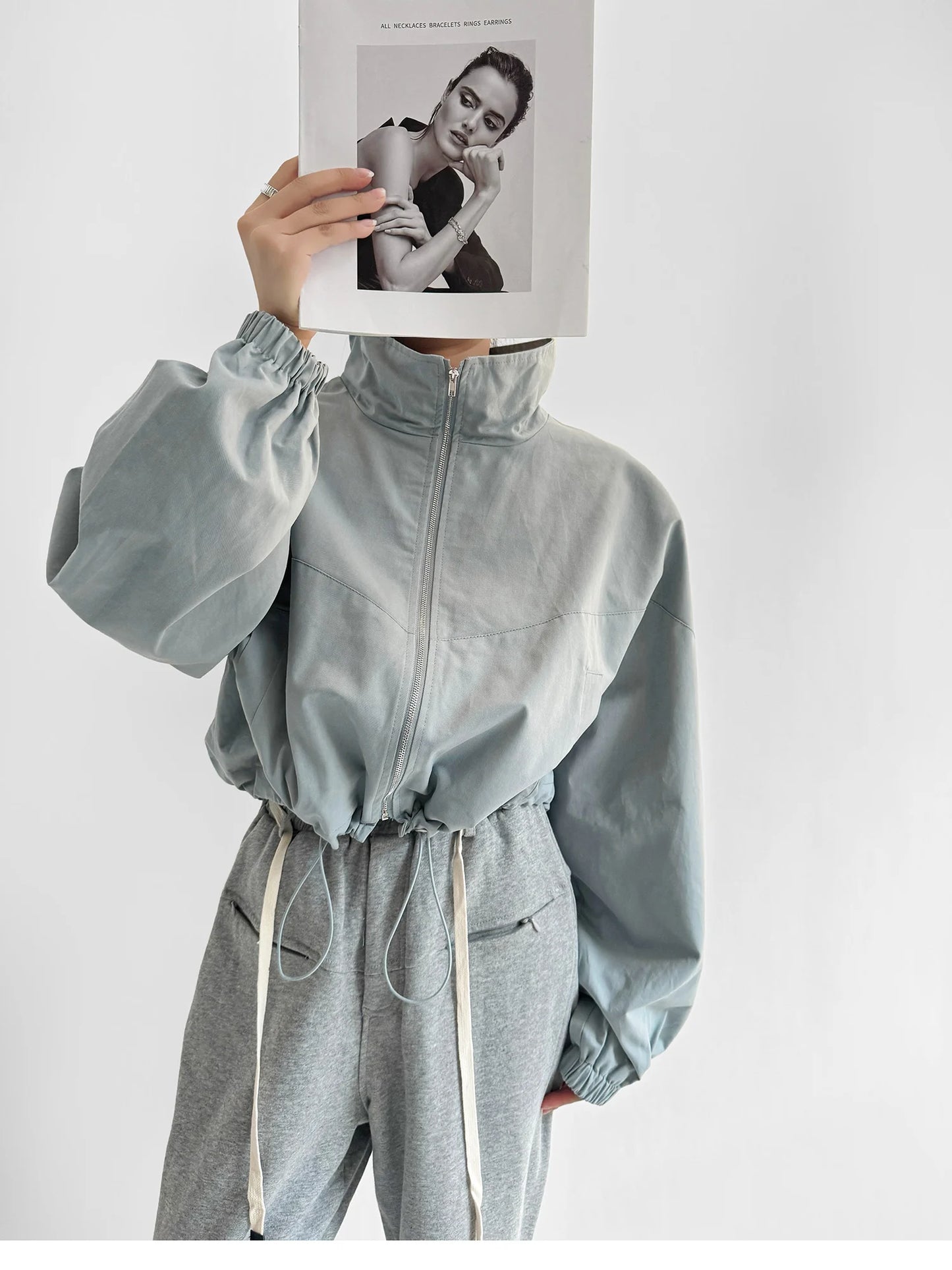 Cropped Drawstring Jacket with Oversized Sleeves