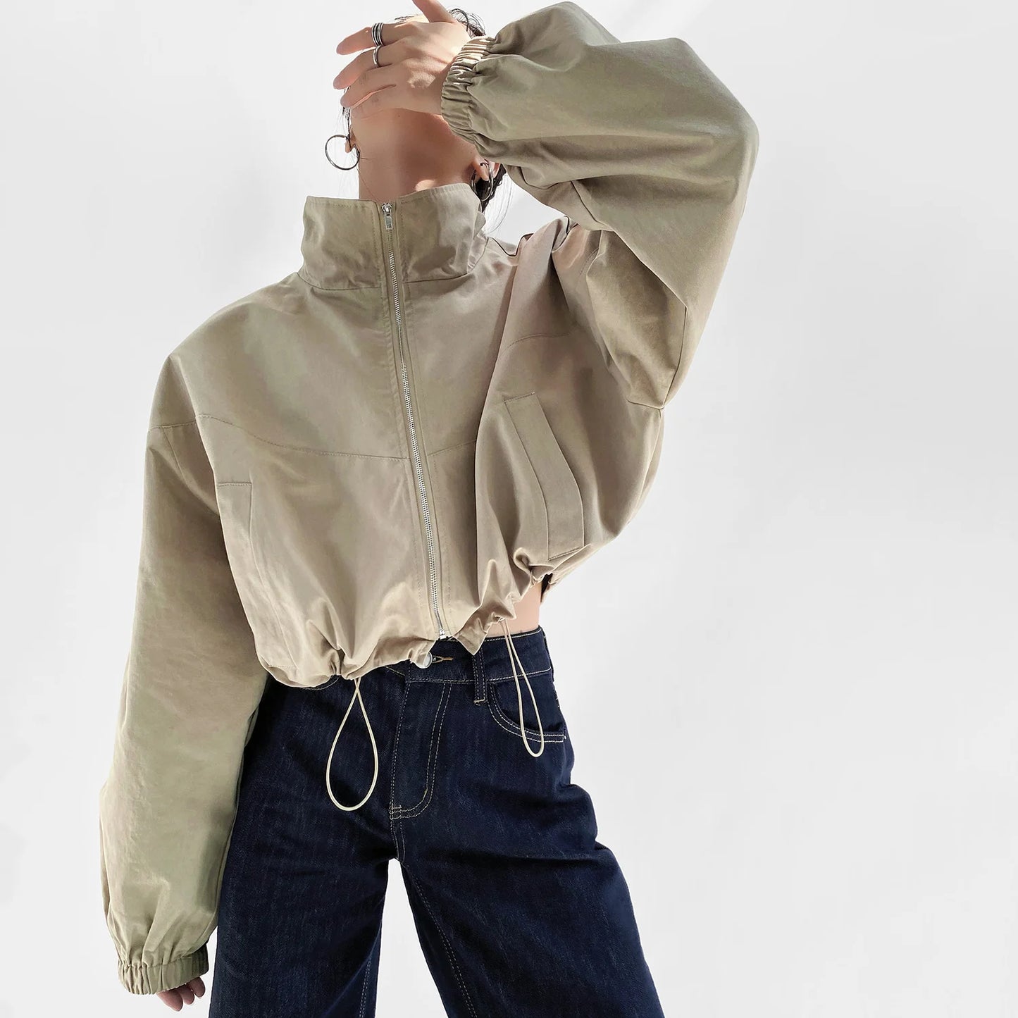 Cropped Drawstring Jacket with Oversized Sleeves