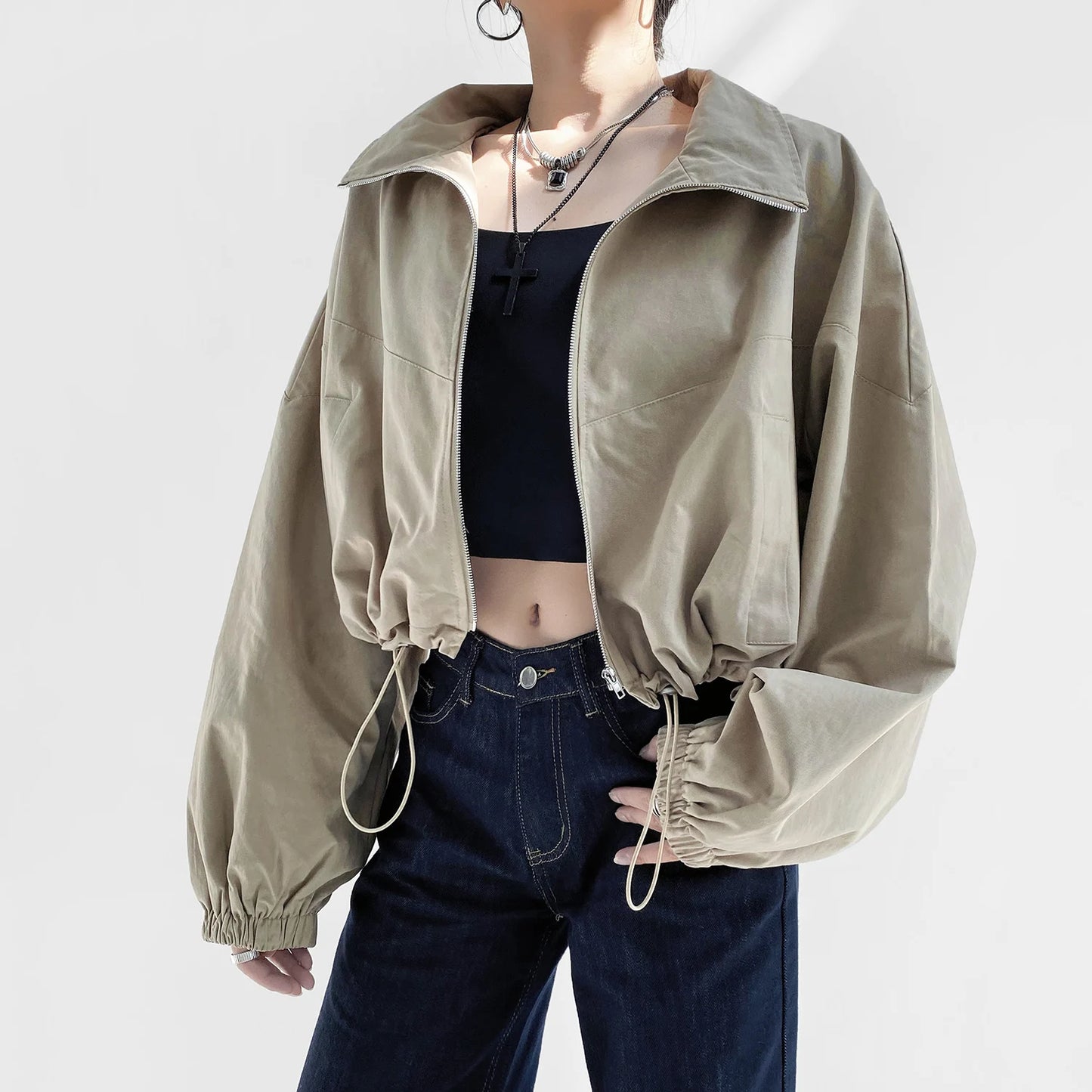 Cropped Drawstring Jacket with Oversized Sleeves