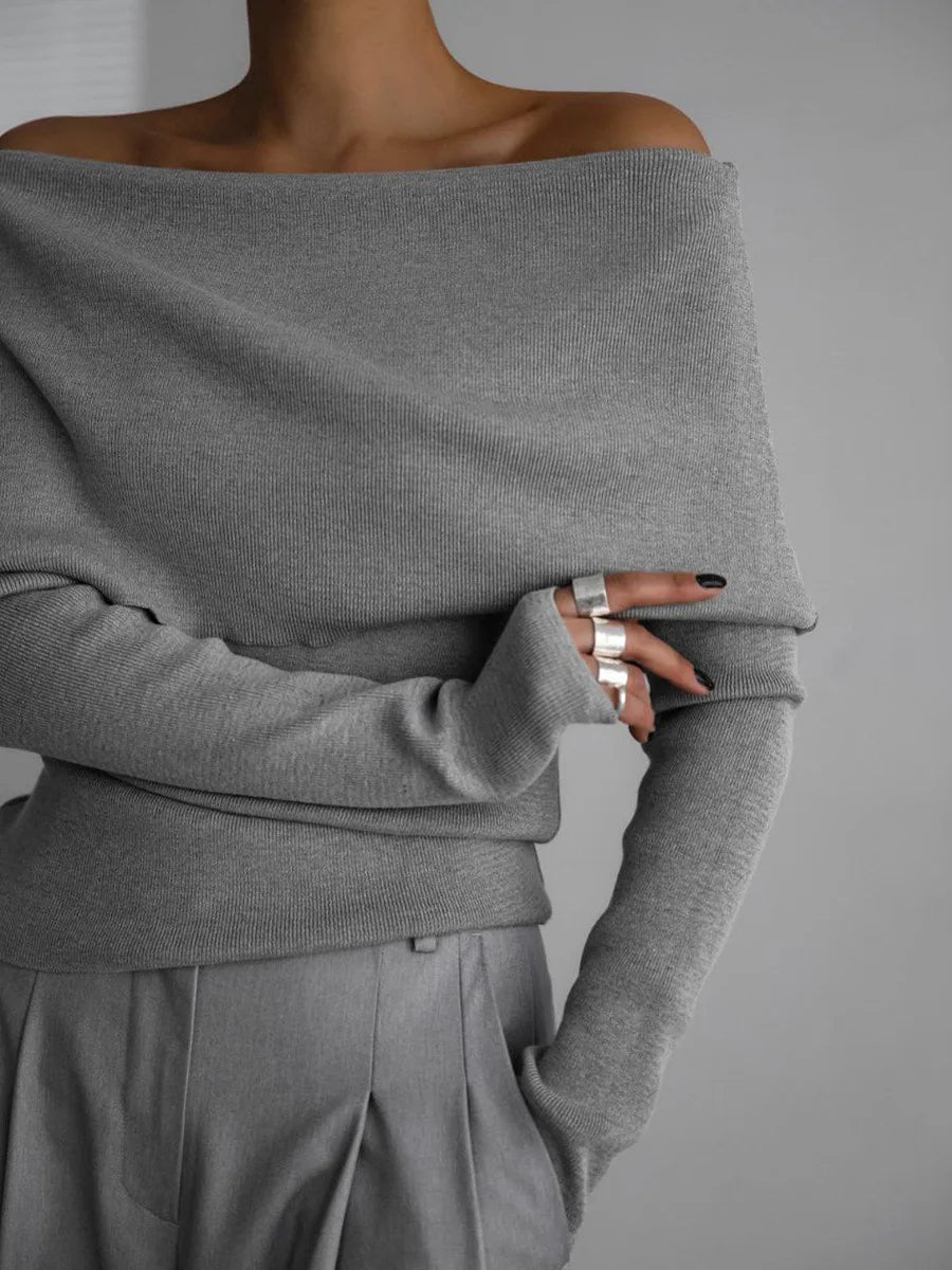 Elegant Off-Shoulder Ribbed Knit Sweater