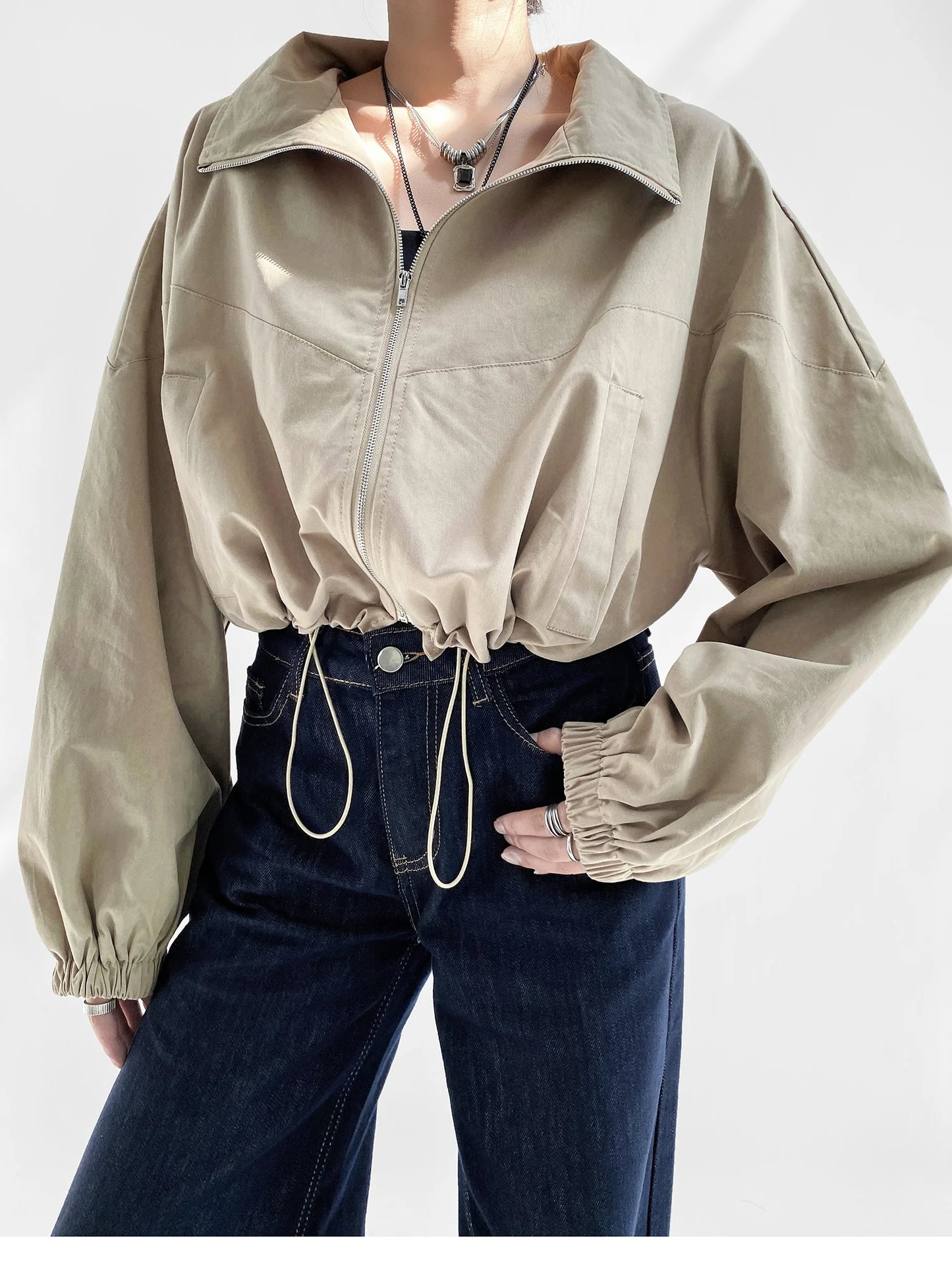 Cropped Drawstring Jacket with Oversized Sleeves