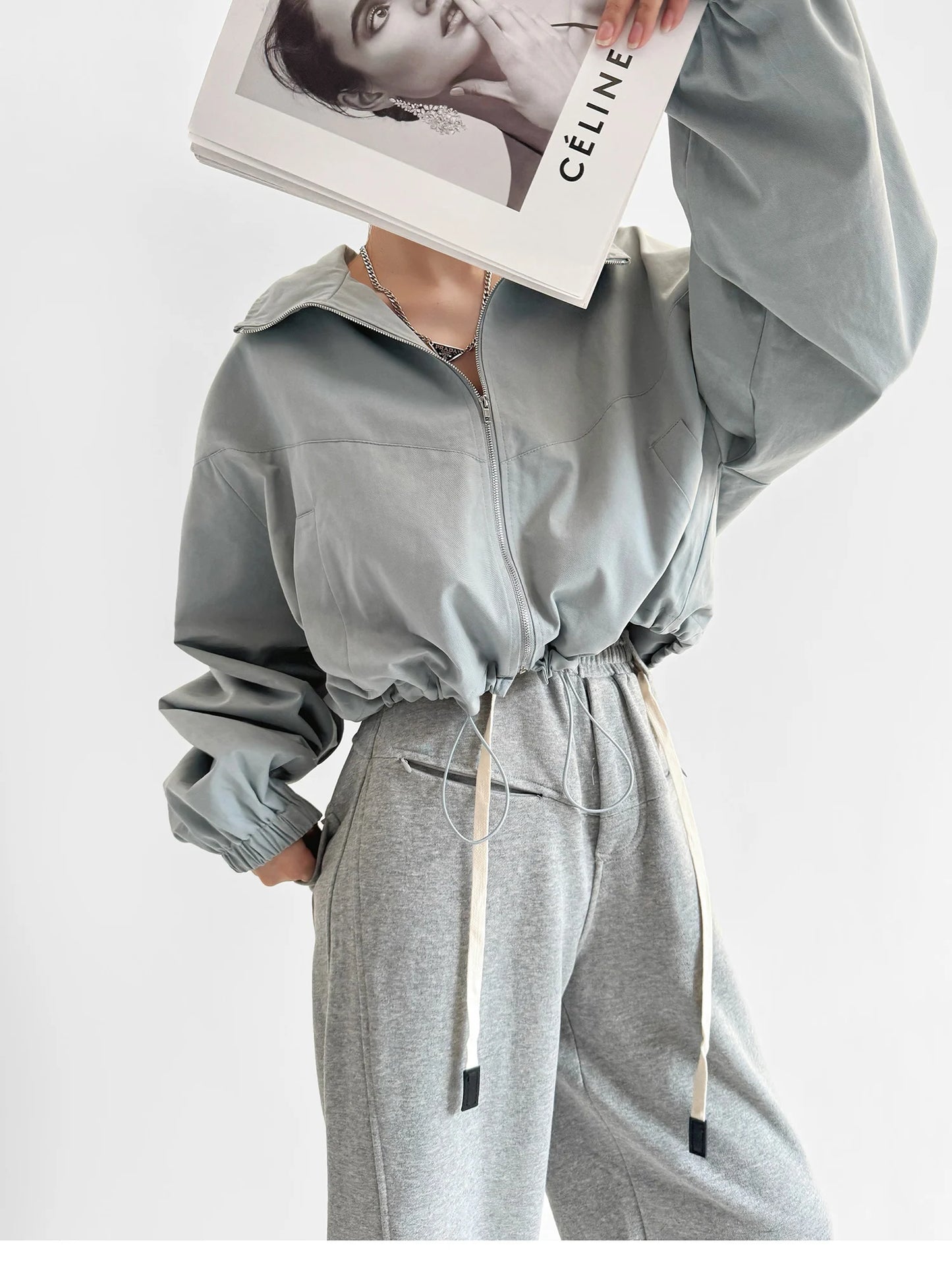 Cropped Drawstring Jacket with Oversized Sleeves