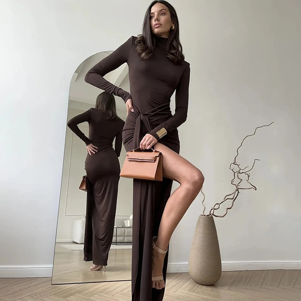 Elegant Turtleneck Draped Maxi Dress
