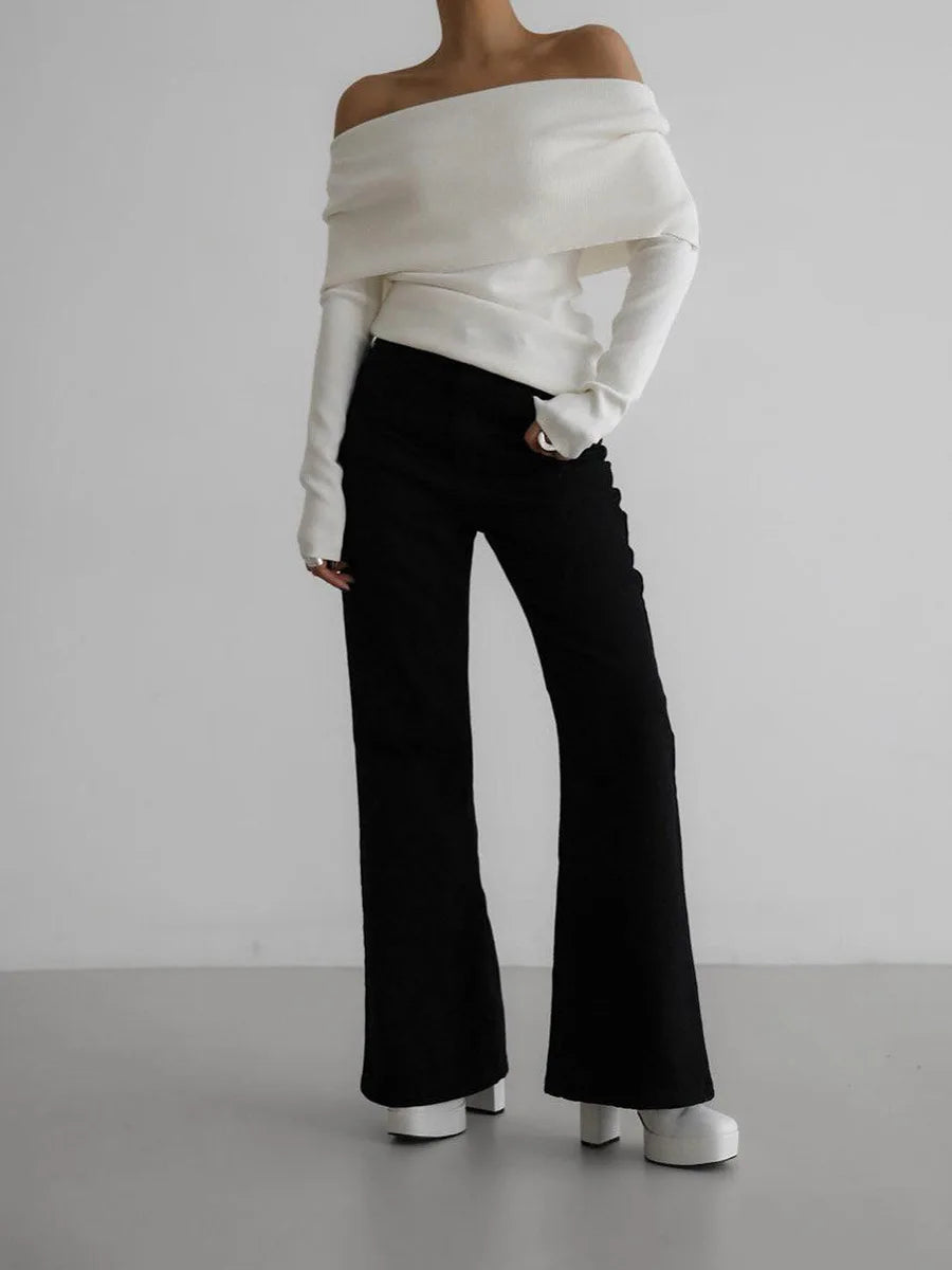 Elegant Off-Shoulder Ribbed Knit Sweater