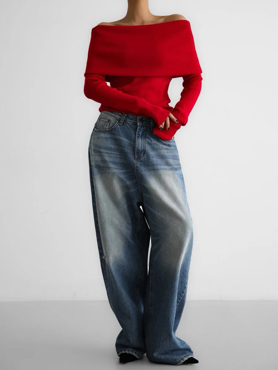 Elegant Off-Shoulder Ribbed Knit Sweater