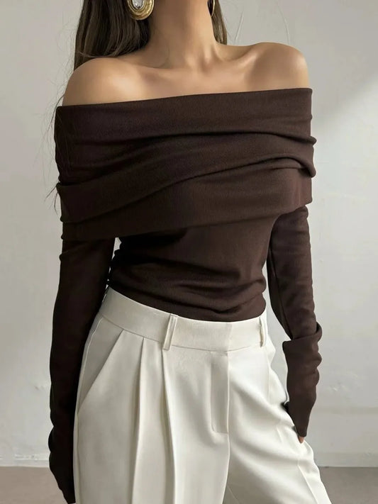 Elegant Off-Shoulder Ribbed Knit Sweater