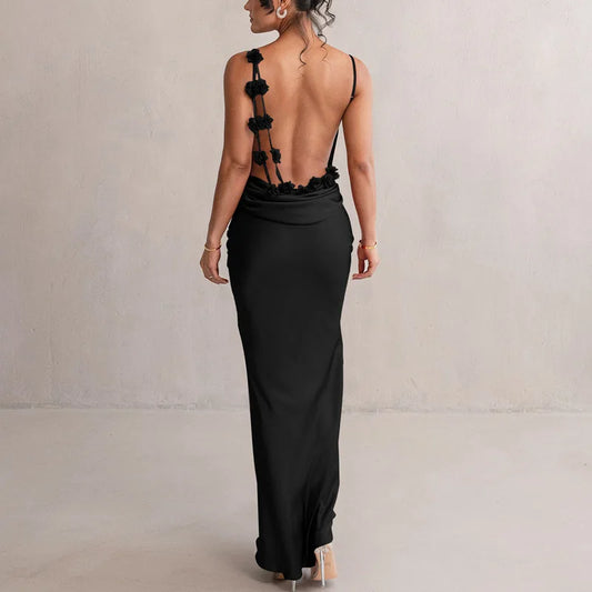 Floral Backless Satin Gown