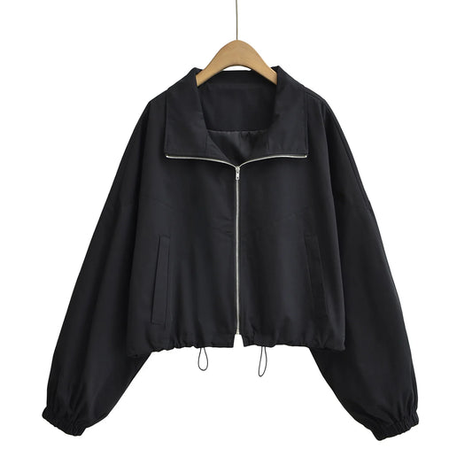 Cropped Drawstring Jacket with Oversized Sleeves